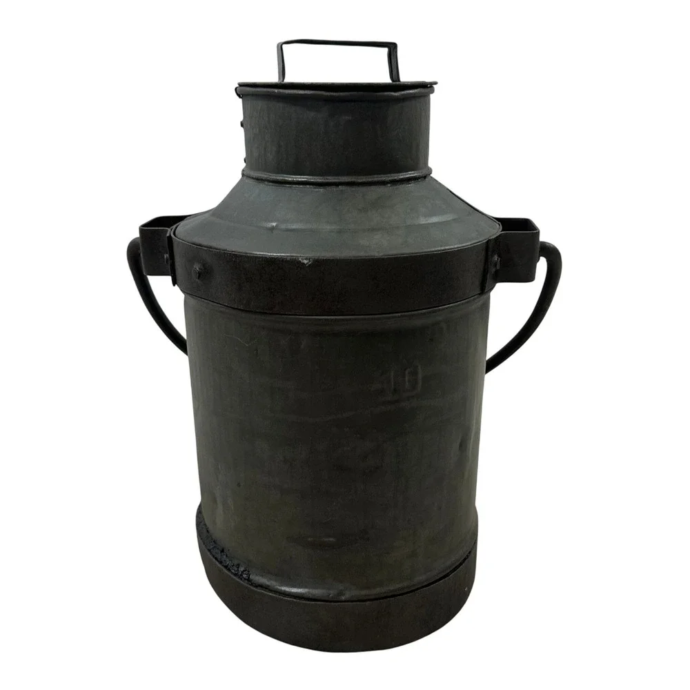 Vintage Rustic Metal Milk Can with Lid Dark Charcoal Farmhouse Decor 13in